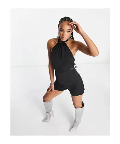 NaaNaa Womens satin halter cut out playsuit in black
