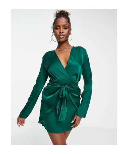 NaaNaa Womens satin mini long sleeve ruffle dress in emerald-Green - Dark Green