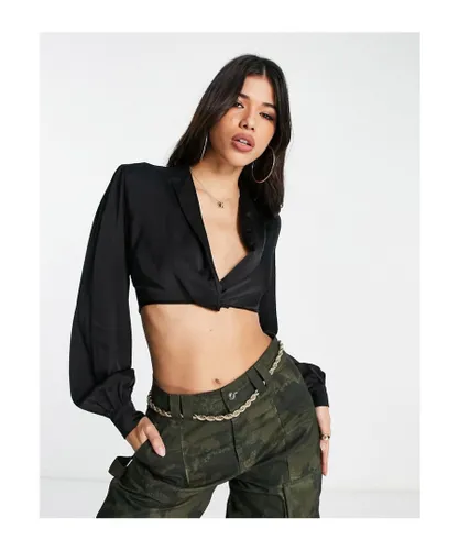 NaaNaa Womens satin plunge neck cropped blouse in black
