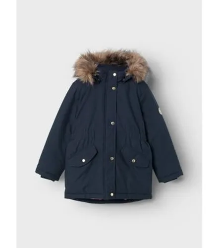 Name It Navy Faux Fur Hooded Parka Jacket New Look