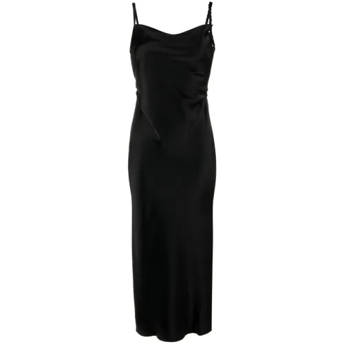 Nanushka , Black Satin Midi Dress with Square Neck and Side Slit ,Black female, Sizes: