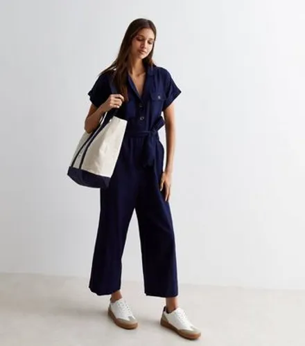 Navy Short Sleeve Belted Utility Jumpsuit New Look