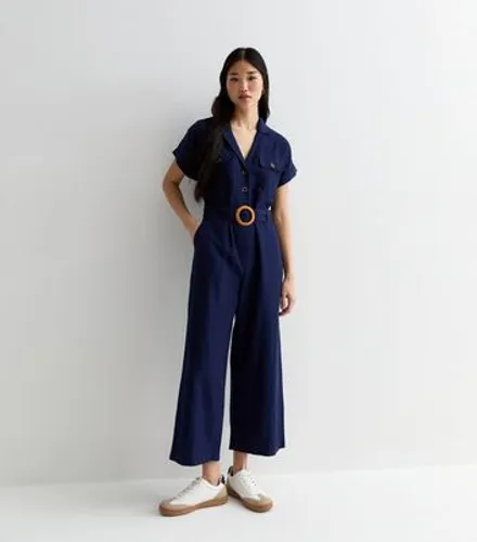 Navy Short Sleeve Belted Wide Leg Utility Jumpsuit New Look