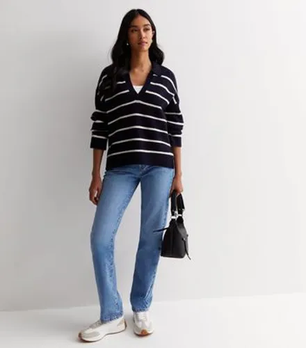 Navy Stripe Knit Collared Jumper New Look