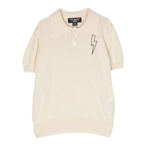 Neil Barrett , Cream Knit Kids Polo with Embroidered Logo ,Beige male, Sizes: