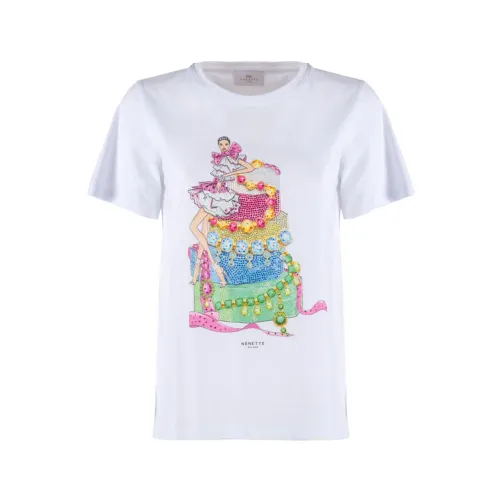 Nenette , Short Sleeve Box Print T-shirt ,White female, Sizes: