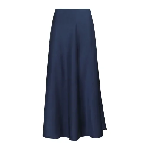 Neo Noir , Elegant Midnight Blue Satin Skirt ,Blue female, Sizes: