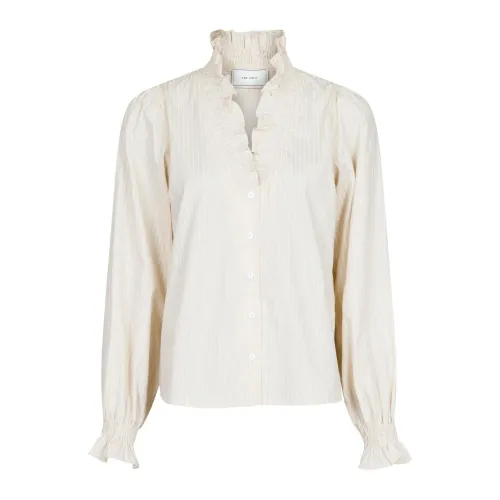 Neo Noir , Feminine Striped Blouse with Smock and Ruffle Details ,Beige female, Sizes: