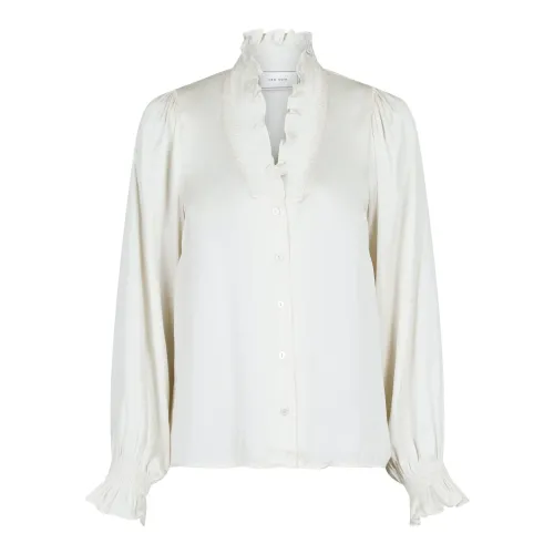 Neo Noir , Satin Blouse with Smocked Cuffs and Ruffled Neckline ,White female, Sizes: