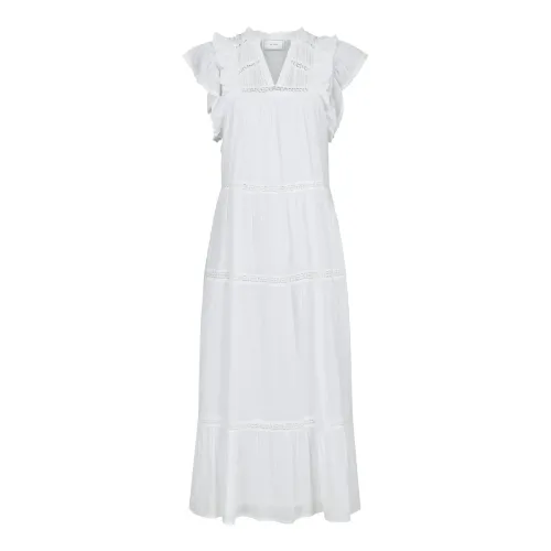 Neo Noir , White Voile Maxi Dress with Ruffle Details ,White female, Sizes: