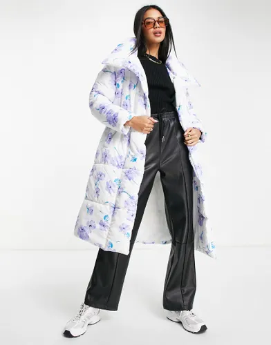 Neon Rose oversized belted padded jacket in floral print-Multi