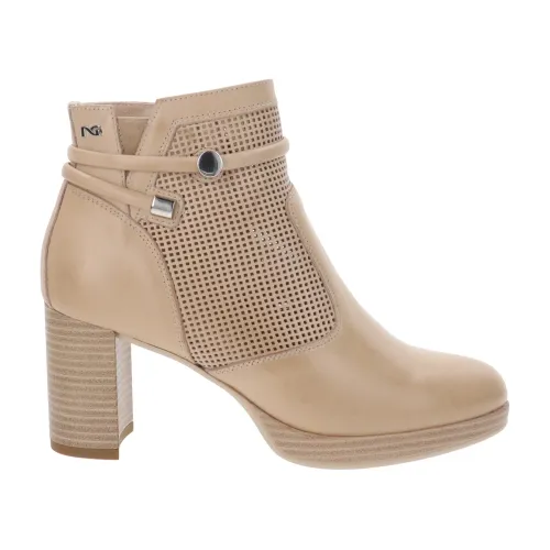 Nerogiardini , Leather Zip Closure Women's Ankle Boots ,Beige female, Sizes: