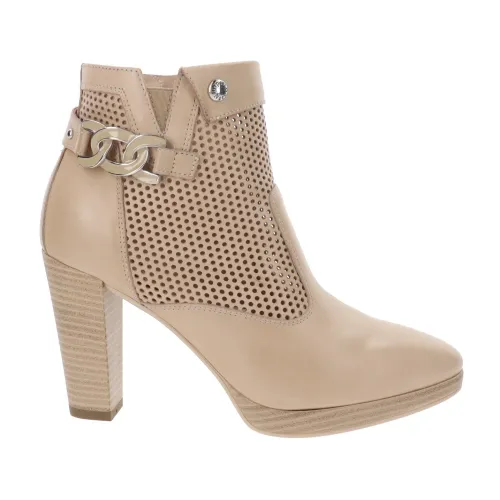 Nerogiardini , Leather Zip Closure Women's Ankle Boots ,Beige female, Sizes: