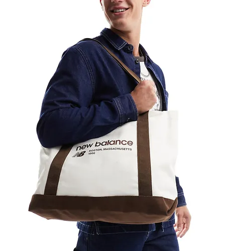 New Balance Linear logo tote bag in canvas and brown-White