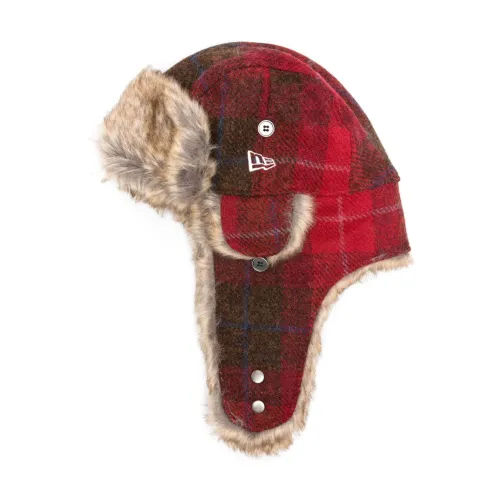 New Era , Plaid Check Faux-Fur Trim Hat ,Red male, Sizes: