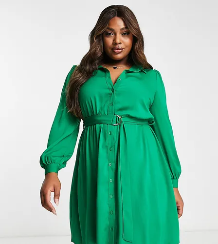 New Look Curve belted shirt mini dress in green