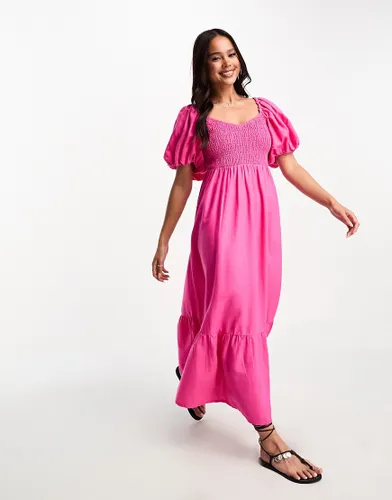 New Look puff sleeve shirred top midi dress in bright pink