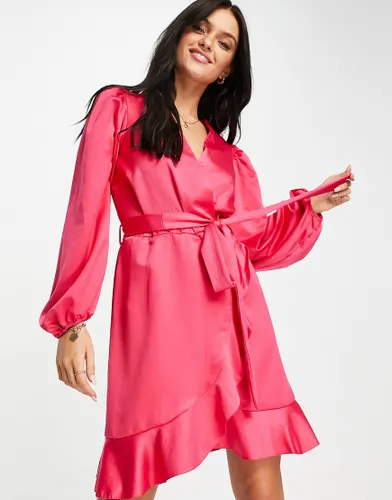 New Look satin wrap dress with ruffles in bright pink