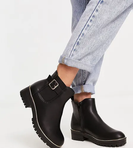New Look Wide Fit flat chunky chelsea boot with buckle detail in black