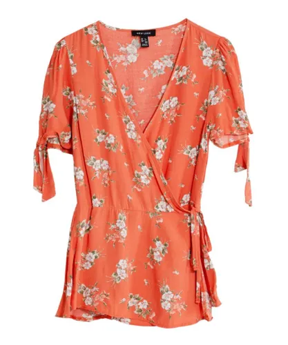 New Look Womens Tie Sleeve Floral Wrap Blouse - Coral Viscose