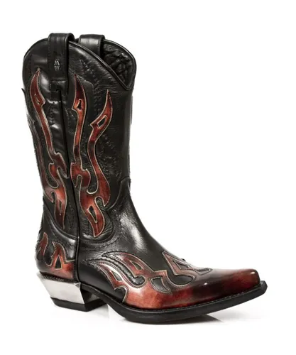 New Rock Mens Flame Accented Black/Red Mid-Calf Cowboy Boots-7921-S2