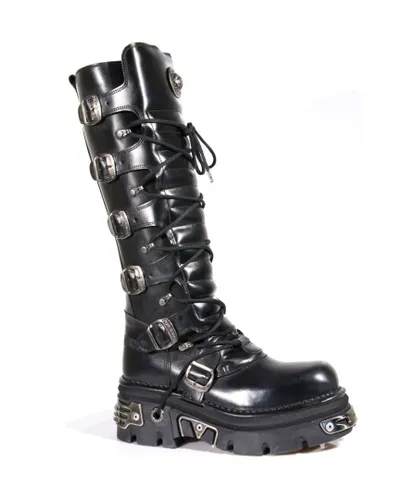 New Rock Mens Knee High Black Leather Gothic Boots-272-S1