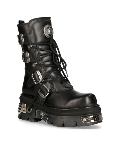 New Rock Unisex Black Leather Gothic Mid-Calf Boots-373-S4