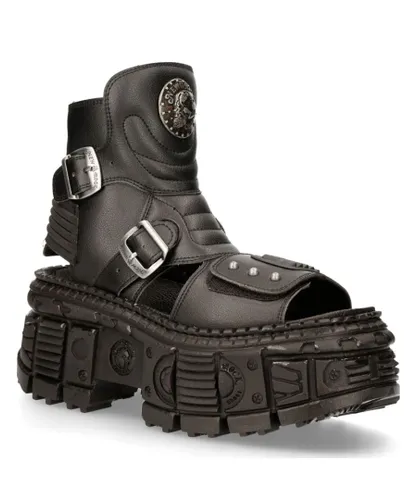 New Rock Unisex Black VEGAN Leather Boot Sandals-BIOS106-V3