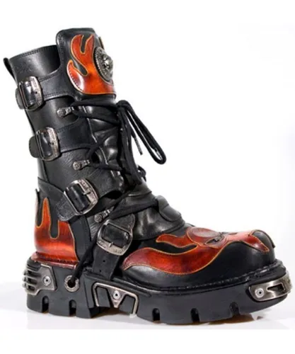 New Rock Unisex Flame Accented Black/Red Leather Biker Skull Boots- 107-S1