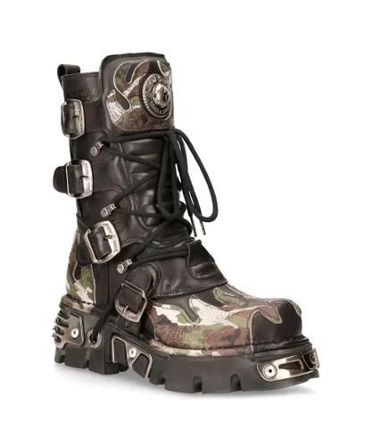 New Rock Unisex Flame Accented Camouflage Leather Biker Boots- M-591-S15 - Black