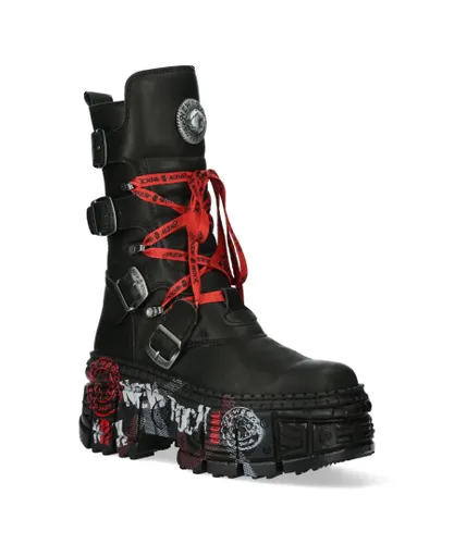 New Rock Unisex Mid Calf Punk Leather Boots-WALL028B-C1 - Black