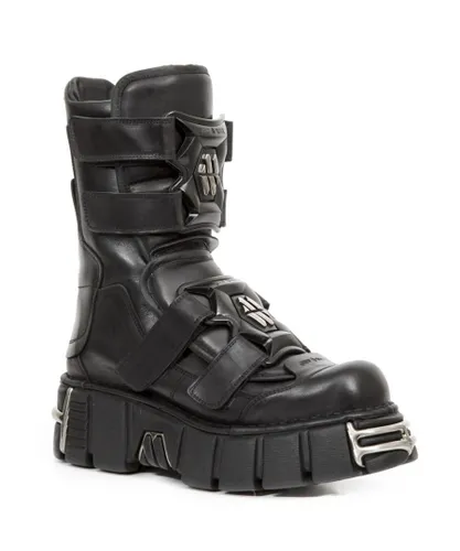 New Rock Unisex Punk Mid Calf Black Leather Boots-M-422-S1