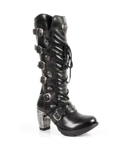 New Rock Womens Ladies Black Buckle Laced Knee-High Boots- TR004-S1