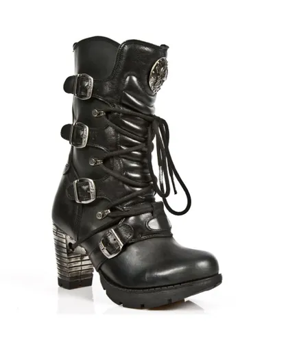 New Rock Womens Ladies Black Leather Metallic Gothic Boots- TR003-S1
