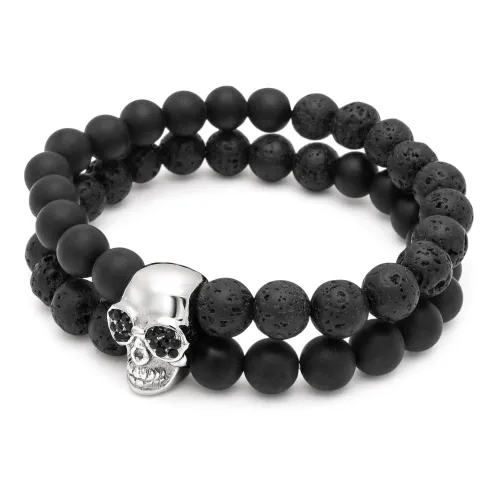 Nialaya , Double Beaded Bracelet with Matte Onyx, Lava Stone and Silver Skull ,Black male, Sizes: XL