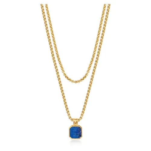 Nialaya , Gold Necklace Layer with 3mm Box Chain and Blue Lapis Square Necklace ,Yellow male, Sizes: ONE SIZE