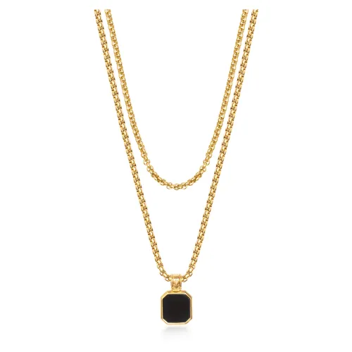 Nialaya , Gold Necklace Layer with 3mm Box Chain and Onyx Square Necklace ,Yellow male, Sizes: ONE SIZE