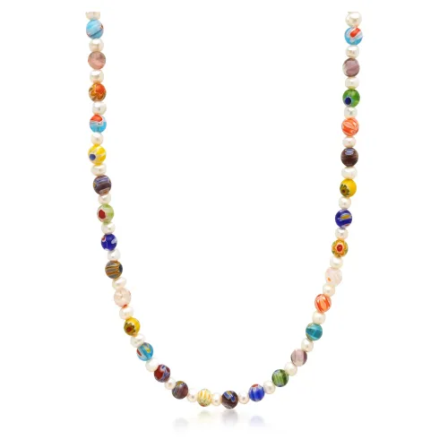 Nialaya , Men& Pearl Necklace with Hand-Painted Gl Beads ,Yellow male, Sizes: ONE SIZE