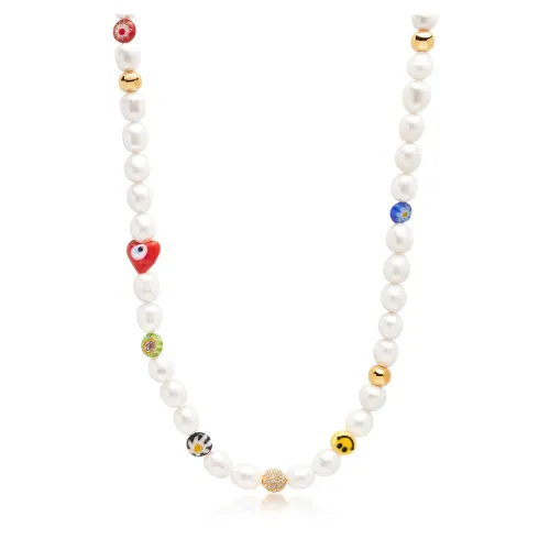 Nialaya , Men& Smiley Face Pearl Choker with Assorted Beads ,Yellow male, Sizes: ONE SIZE