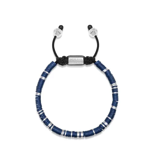 Nialaya , Men`s Beaded Bracelet with Dark Blue and Silver Disc Beads ,Multicolor male, Sizes: L, M, XL