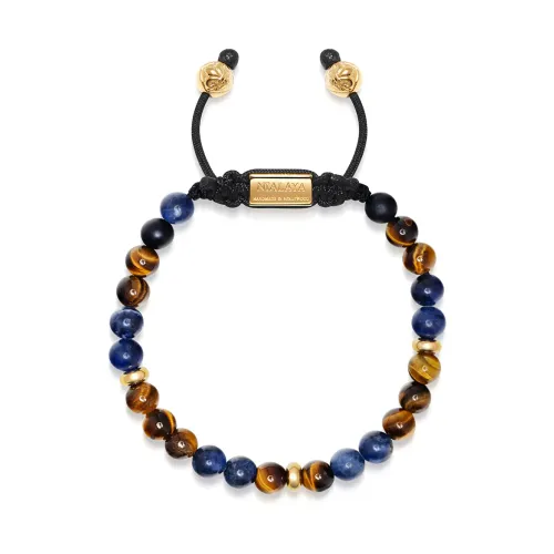 Nialaya , Men's Beaded Bracelet with Dumortierite, Brown Tiger Eye and Gold ,Blue male, Sizes: L, M, XL