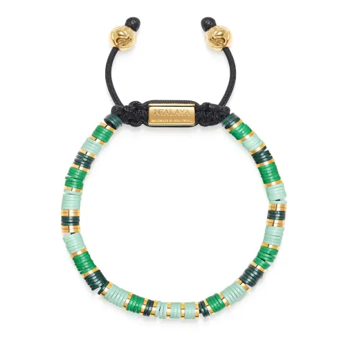 Nialaya , Men's Beaded Bracelet with Green and Gold Disc Beads ,Multicolor male, Sizes: XL, M, L