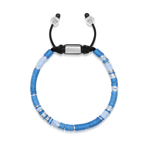 Nialaya , Men`s Beaded Bracelet with Light Blue and Silver Disc Beads ,Blue male, Sizes: XL, L, M