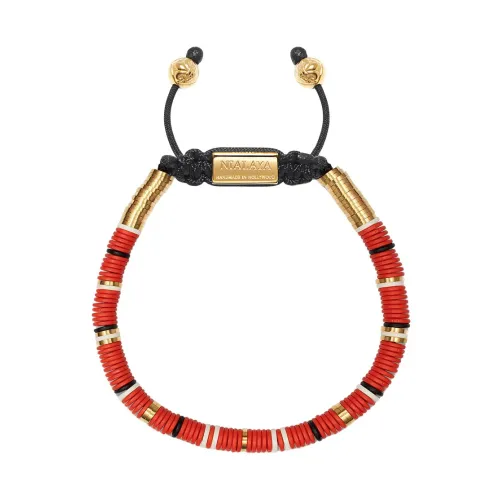 Nialaya , Men's Beaded Bracelet with Red, White and Gold Disc Beads ,Red male, Sizes: XL, L