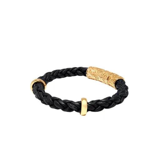 Nialaya , Men's Black Braided Leather Bracelet With Gold Lock ,Black male, Sizes: M, L, XL, 2XL, S