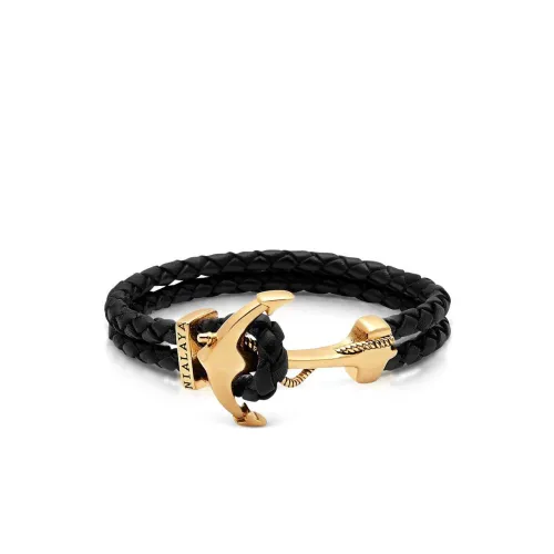 Nialaya , Men's Black Leather Bracelet with Gold Anchor ,Black male, Sizes: XL, L, 2XL, S, M
