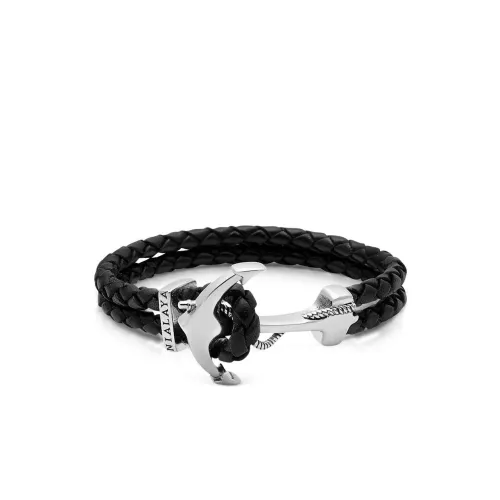 Nialaya , Men's Black Leather Bracelet with Silver Anchor ,Black male, Sizes: 2XL, L, S, M, XL