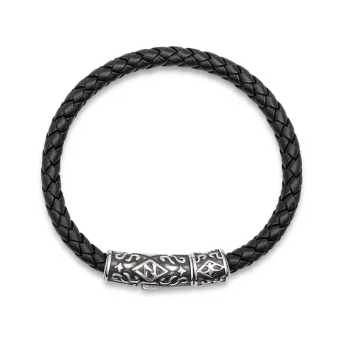 Nialaya , Men's Black Leather Bracelet with Silver Tube Lock ,Black male, Sizes: L, XL, M