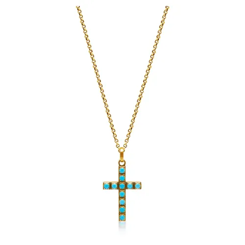 Nialaya , Men's Gold Necklace with Turquoise Cross Pendant ,Yellow male, Sizes: ONE SIZE