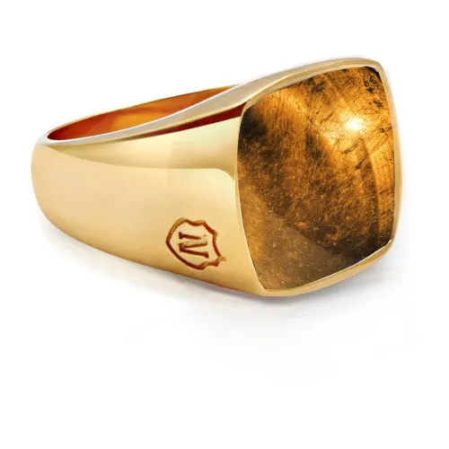Nialaya , Men's Gold Signet Ring with Brown Tiger Eye ,Yellow male, Sizes: 68 MM, 64 MM, 62 MM, 66 MM, 56 MM, 60 MM, 58 MM